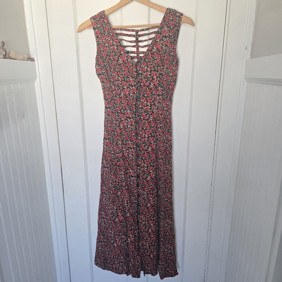 Vintage 90s Betsy Lauren Whimsigoth Dark Floral Midi Dress Red & Black Size XSP - Picture 1 of 8